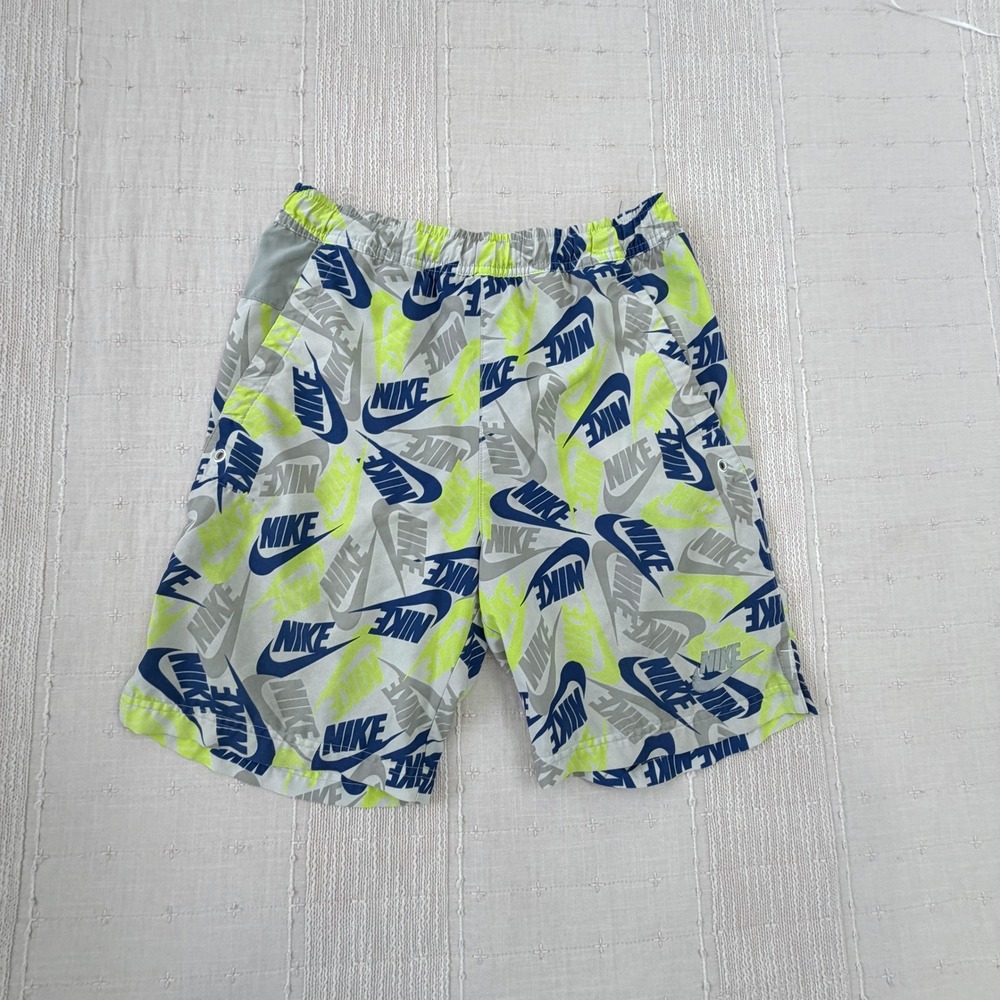 Nike Swim Shorts Kids L Gray Blue Volt Logo Print Standard Fit